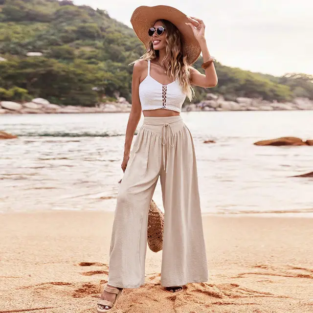 Simple Elegant Style Wide leg Casual Pants Women Khaki - Shop at LoveMi
