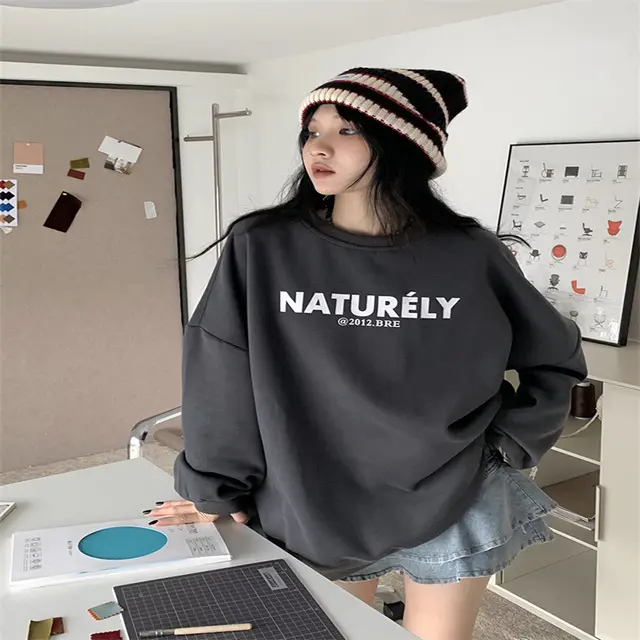 Fleece lined Letter Print Neck Loose Long Sleeves Sweater Gray - Shop at LoveMi
