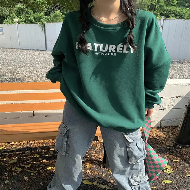 Fleece lined Letter Print Neck Loose Long Sleeves Sweater Green - Shop at LoveMi