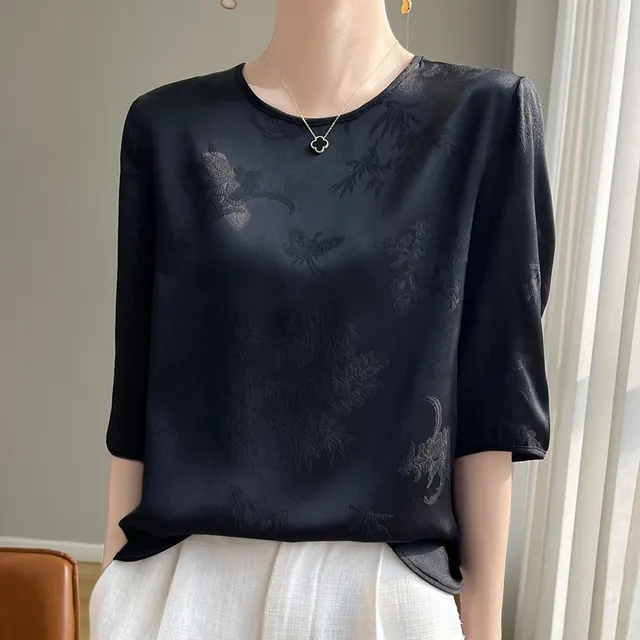O neck Short Dark Jacquard Plus Size Short Sleeve All matching Black - Shop at LoveMi