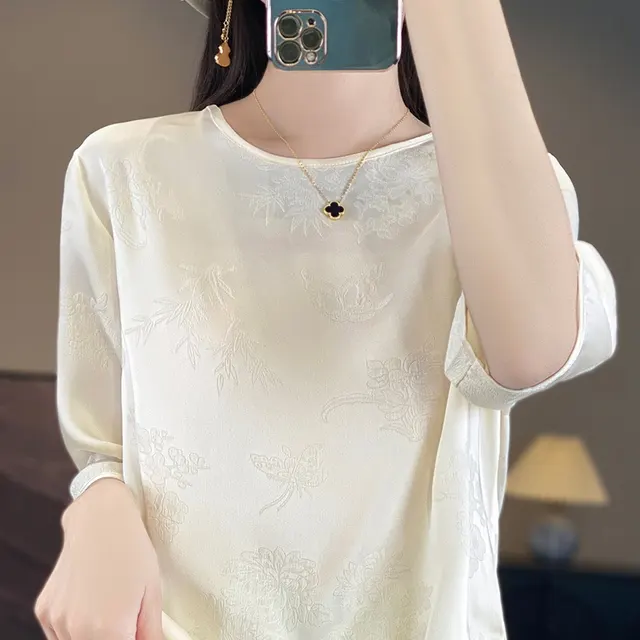 O neck Short Dark Jacquard Plus Size Short Sleeve All matching Champagne - Shop at LoveMi