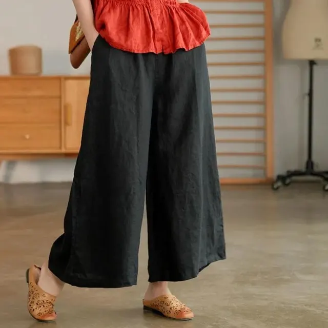 Cotton And Linen Cropped Wide leg Casual Straight Breathable Slim Fit Casual Pants Black - Shop at LoveMi