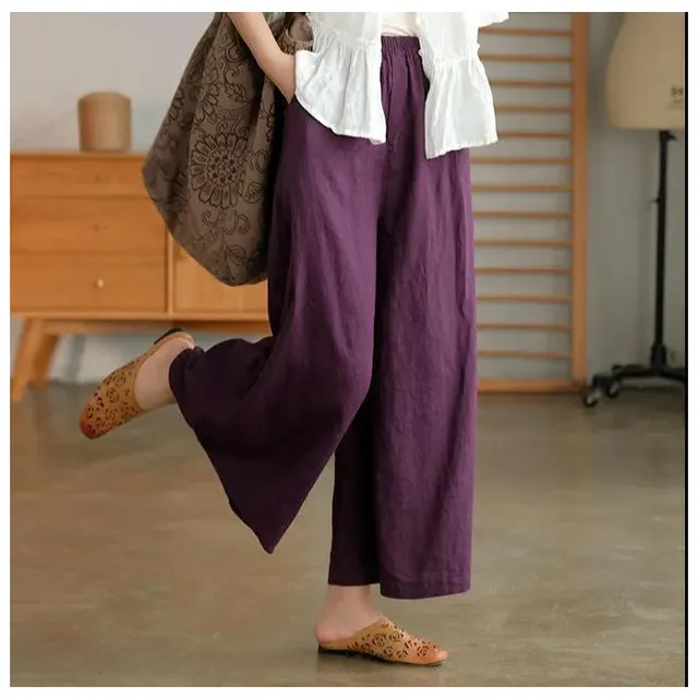 Cotton And Linen Cropped Wide leg Casual Straight Breathable Slim Fit Casual Pants Dark Purple - Shop at LoveMi
