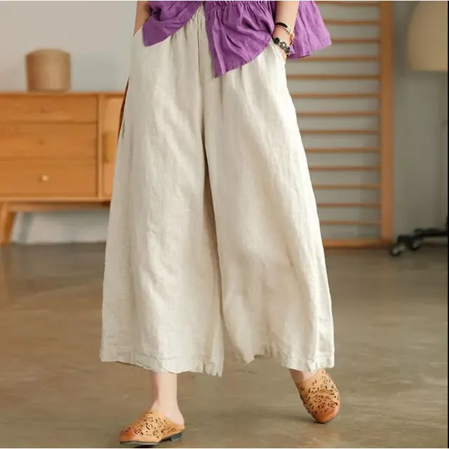 Cotton And Linen Cropped Wide leg Casual Straight Breathable Slim Fit Casual Pants Raw Jute Color - Shop at LoveMi