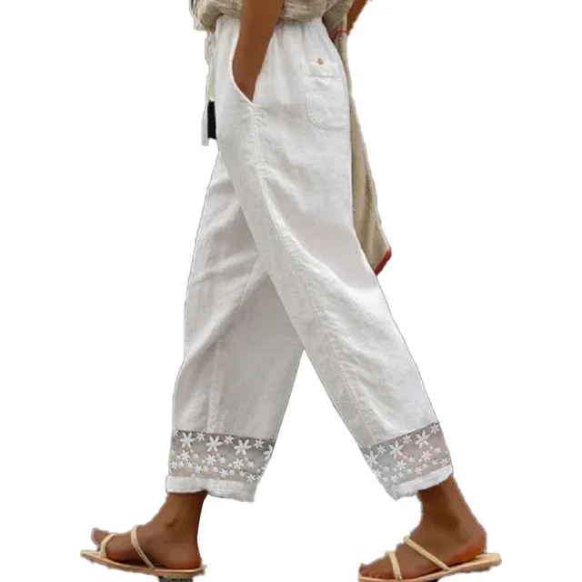 Cotton And Linen Trousers Elastic Waist Ankle length Pants Stitching Lace White - Shop at LoveMi