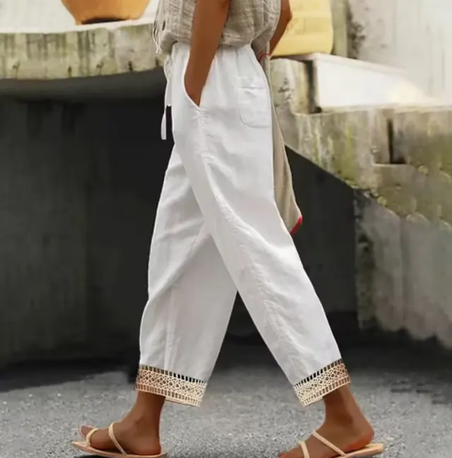Cotton And Linen Trousers Elastic Waist Ankle length Pants Stitching Lace White2 - Shop at LoveMi