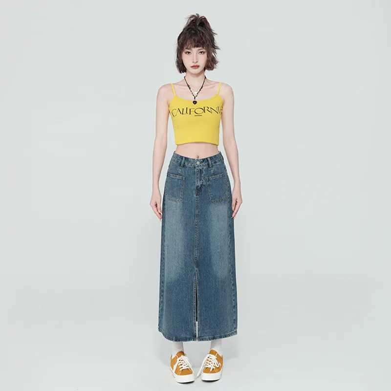 New High Waist Front Patch Pocket Denim Women's Bag Hip Skirt Retro Blue - Shop at LoveMi