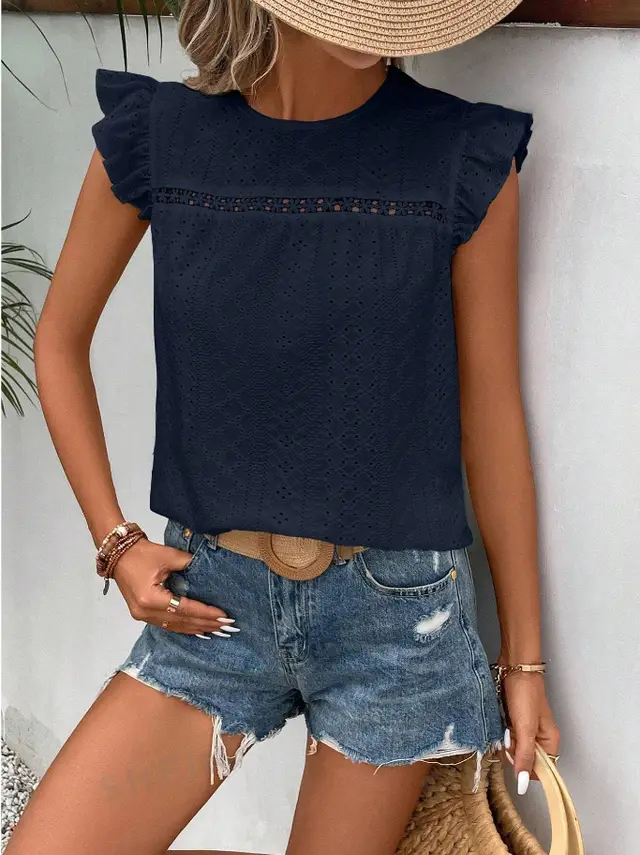 Round Neck Lace Solid Color Ruffled Short Sleeve Navy Blue - Shop at LoveMi