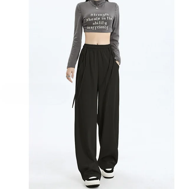 New High Waist Leisure Cargo Straight Wide Leg Track Sweatpants Jazz Dancing Pants Black And Long - Shop at LoveMi