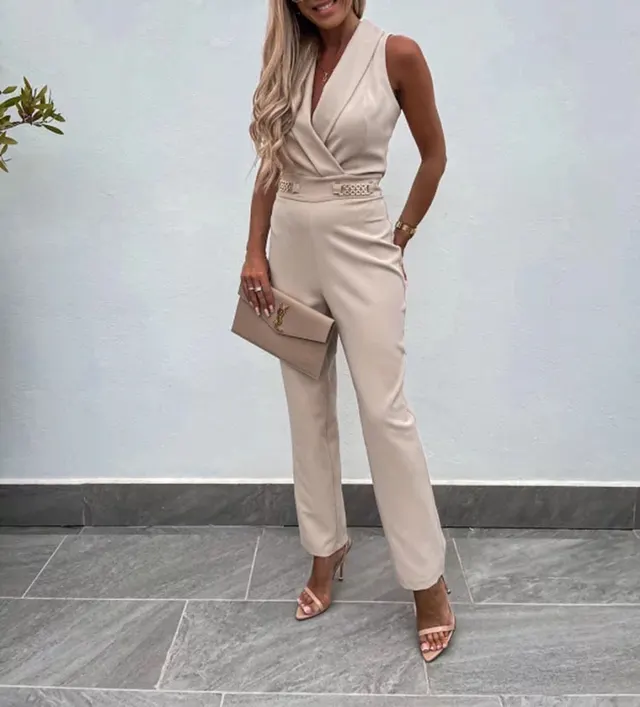 Women's Summer Solid Color Slim Fit Backless Fashion Jumpsuit Apricot - Shop at LoveMi