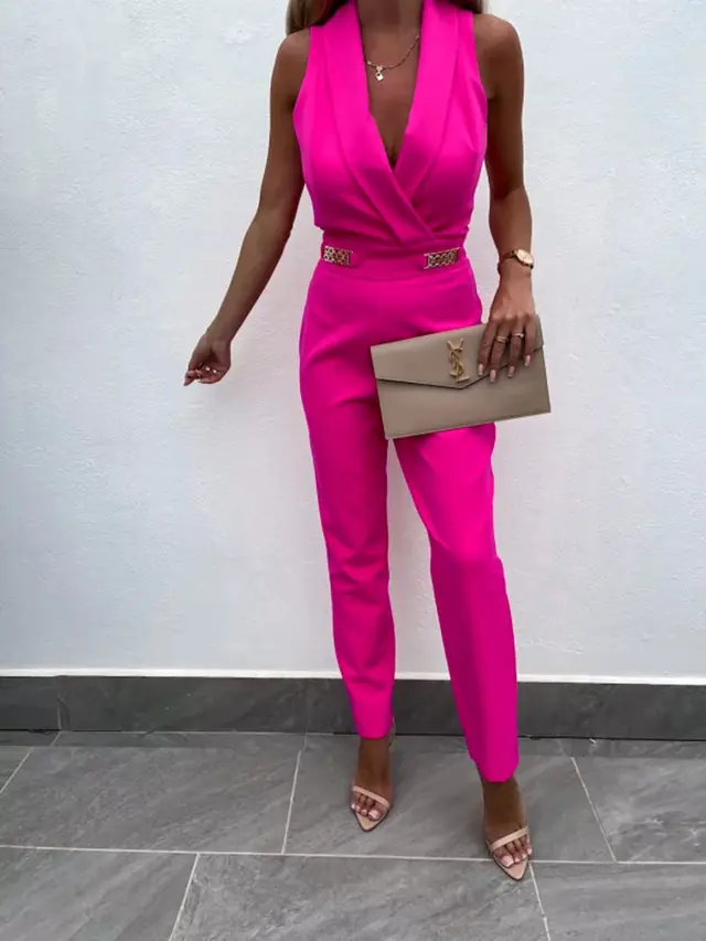 Women's Summer Solid Color Slim Fit Backless Fashion Jumpsuit Rose Red - Shop at LoveMi