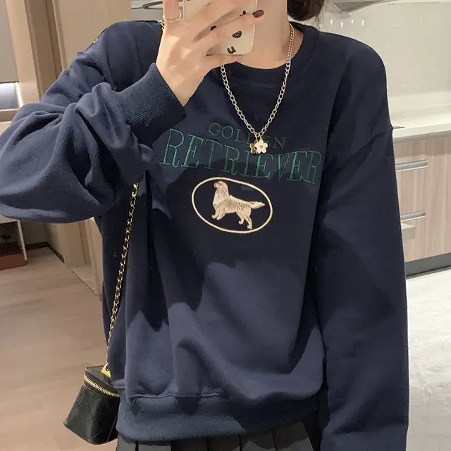 Korean Style Round neck Pullover Women's Autumn And Winter New Loose Oversize Style Embroidery Cartoon Long sleeved Versatile Top Navy Blue - Shop at LoveMi