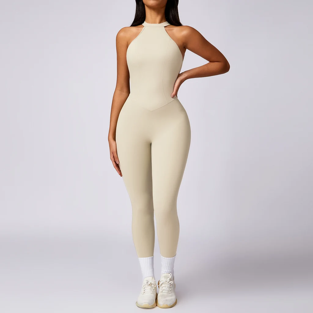 Beauty Back Yoga Jumpsuit Women's Outdoor Running Tight Sports Quick-drying Workout Clothes - Oat Apricot