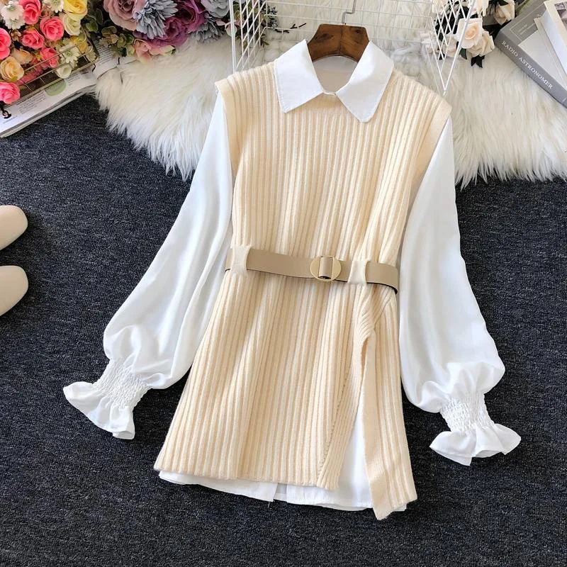 Shirt Knitted Two-piece Vest Set Fan Casual Fashion - Apricot