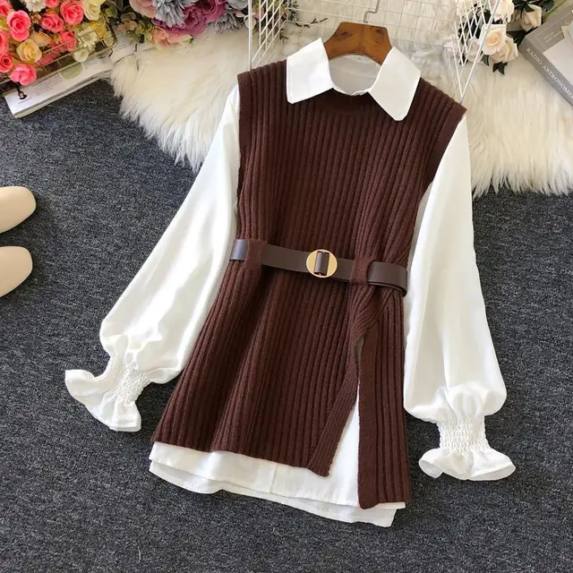 Shirt Knitted Two piece Vest Set Fan Casual Fashion Coffee Color - Shop at LoveMi