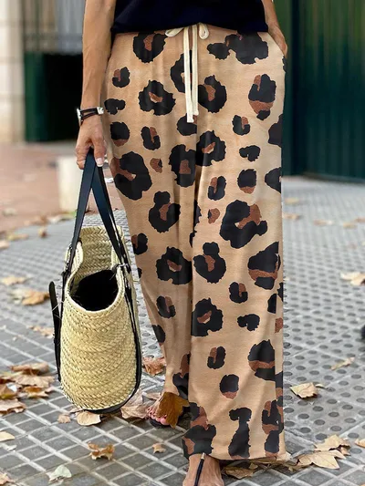 Leopard Print Wide leg Pants Women's European And American Personalized Drawstring Brown - Shop at LoveMi