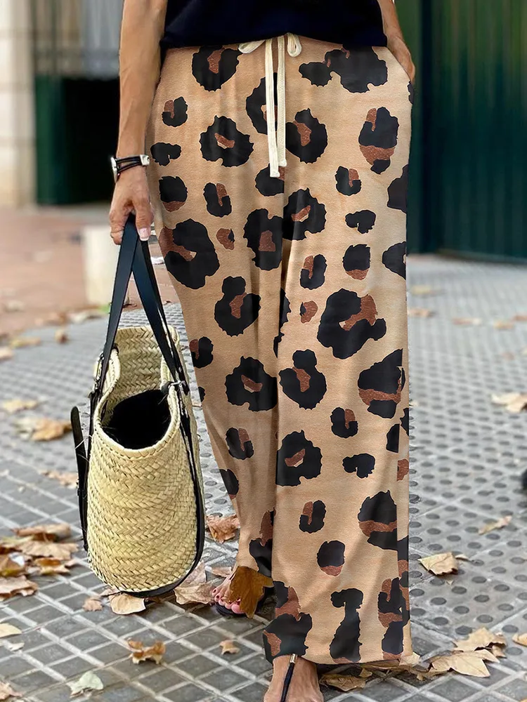 Leopard Print Wide-leg Pants Women's European And American Personalized Drawstring - Brown