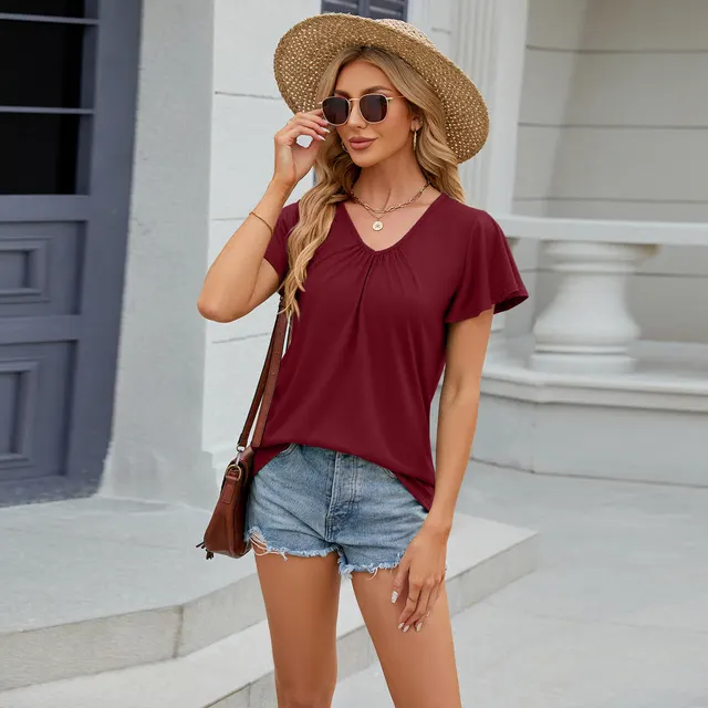 And V neck Loose Short Sleeve T shirt Top Ladies Wine Red - Shop at LoveMi