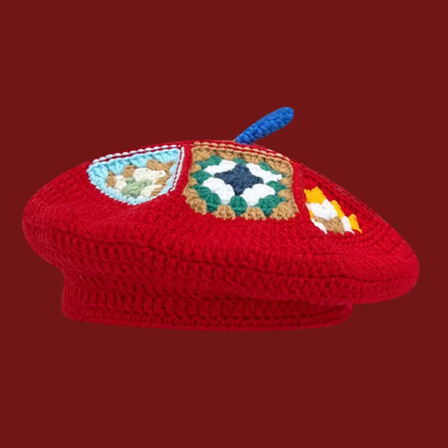 Hand woven Flower Contrast Color Knitted Hat Women Red - Shop at LoveMi