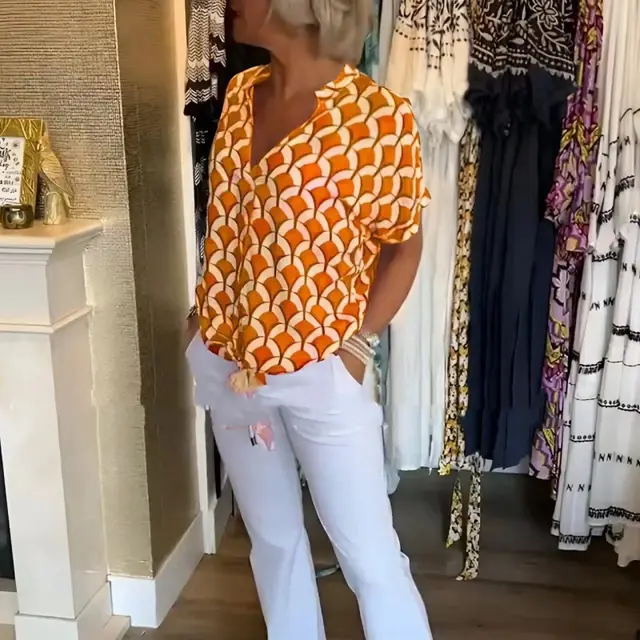 Women's Shirt Summer V neck Fashion Elegant Printed Shirt Orange - Shop at LoveMi