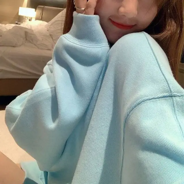New Spring And Autumn Loose And Lazy Style Crew Neck Coat Long sleeved Top Sky Blue - Shop at LoveMi