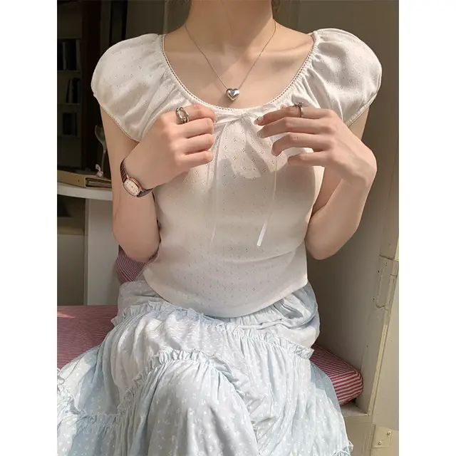 Slim fit Crop top Small Floral Flounce Trim Lace Up Short Sleeve White - Shop at LoveMi