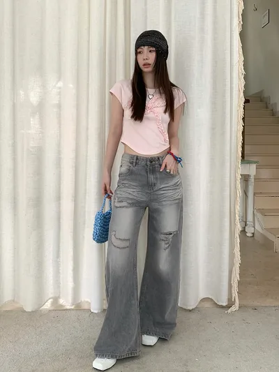 Women's Stylish Ripped Wide legged Denim Trousers Gray - Shop at LoveMi