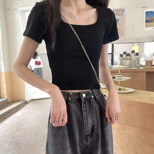 Women's Square Collar Off the shoulder Short sleeved T shirt Slim Fit Slimming Black - Shop at LoveMi