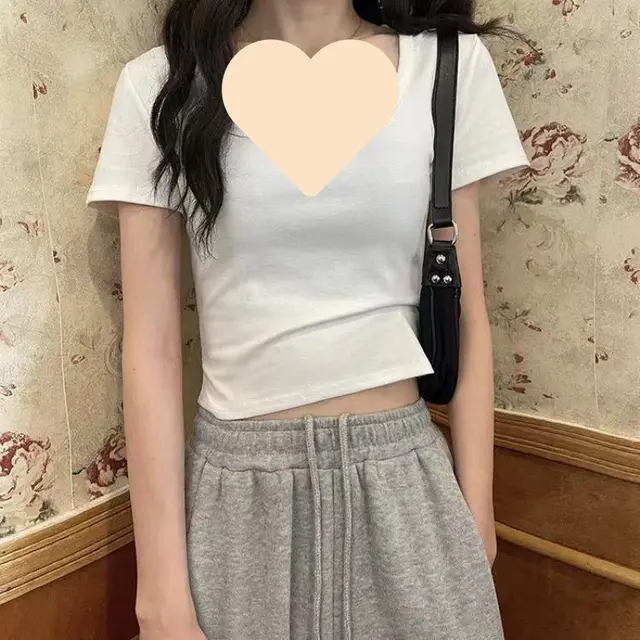 Women's Square Collar Off the shoulder Short sleeved T shirt Slim Fit Slimming White - Shop at LoveMi