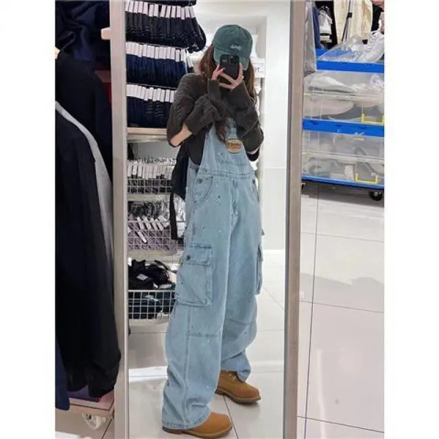 Fashion Brand Embroidery Splash ink Khaki Denim Suspender Pants For Women Light Blue 009 - Shop at LoveMi