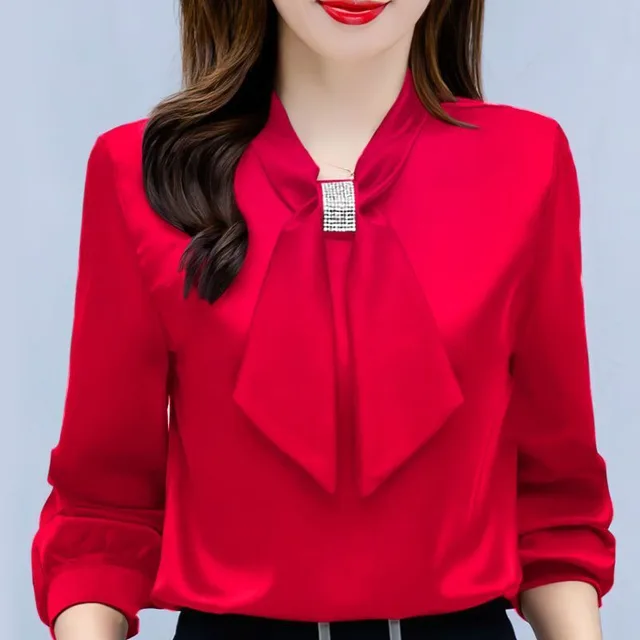 Satin V Neck Business Temperament Shirt Long Sleeve Bow Solid Color Bow Diamond Top Bright Red - Shop at LoveMi