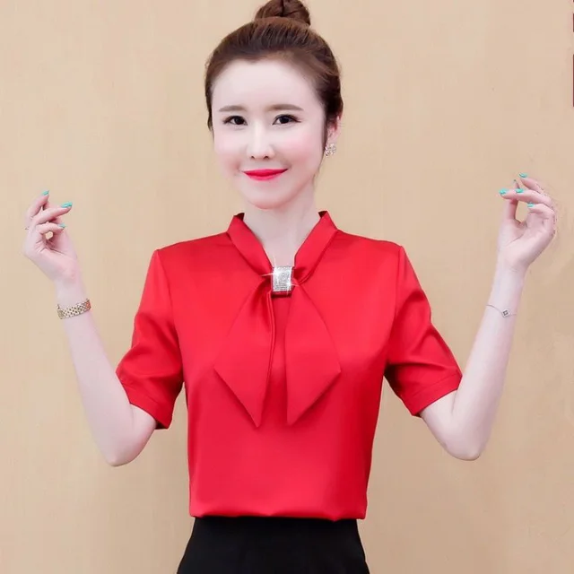 Satin V Neck Business Temperament Shirt Long Sleeve Bow Solid Color Bow Diamond Top Red Short Sleeve - Shop at LoveMi