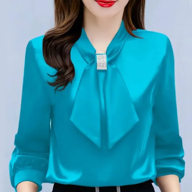 Satin V Neck Business Temperament Shirt Long Sleeve Bow Solid Color Bow Diamond Top Sky Blue - Shop at LoveMi