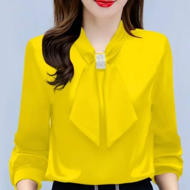 Satin V Neck Business Temperament Shirt Long Sleeve Bow Solid Color Bow Diamond Top Yellow - Shop at LoveMi