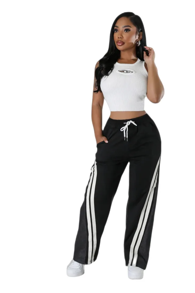 Versatile Contrast Color Diagonal Striped Waist tight Sweatpants Black - Shop at LoveMi