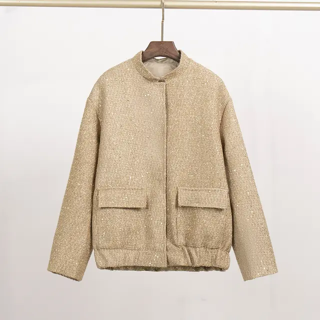 Gold Silk Sequin Jacket Women's Fashion Stand Collar Gold - Shop at LoveMi