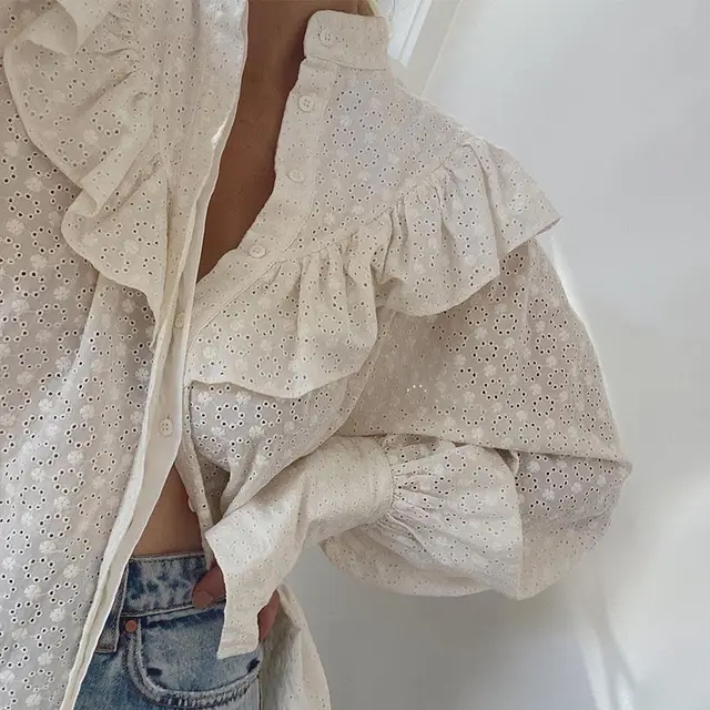 Women's Loose Jacquard Cotton Button Long sleeved Top Off White - Shop at LoveMi
