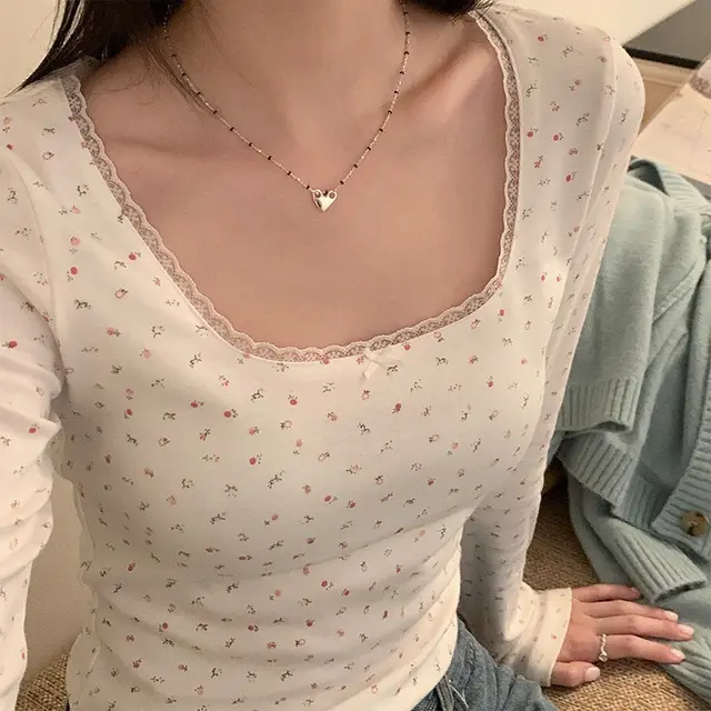 Pure Style Lace Floral Shoulder Long Sleeve T shirt Bottoming Shirt Slim fit Crop top White Floral - Shop at LoveMi