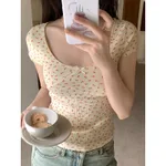 Bow Short-sleeved T-shirt Scoop Short Desire Style T-shirt - Apricot Base Orange Flower