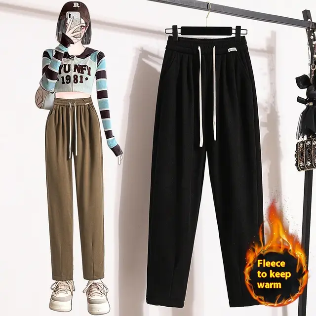 Fleece lined Thickened Grandma's Pants Female Simple Warm Black - Shop at LoveMi