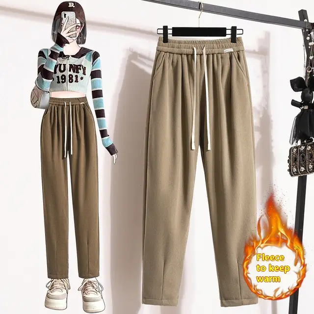 Fleece lined Thickened Grandma's Pants Female Simple Warm Milk Tea Color - Shop at LoveMi