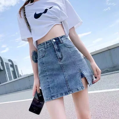 Summer New High Waist A Line Slimming Sexy Slit Skirt Blue - Shop at LoveMi