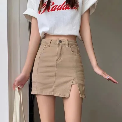 Summer New High Waist A Line Slimming Sexy Slit Skirt Khaki - Shop at LoveMi