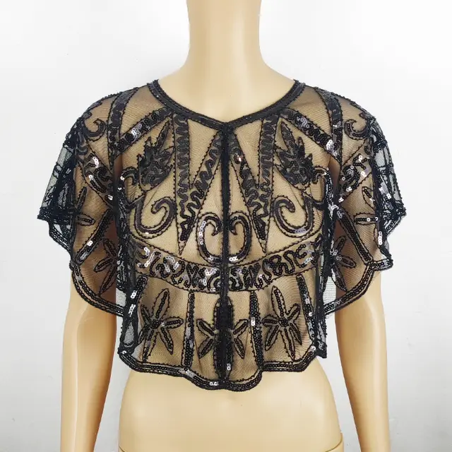 Mesh Beads Sequined Shawl Cape Coat For Women Black - Shop at LoveMi