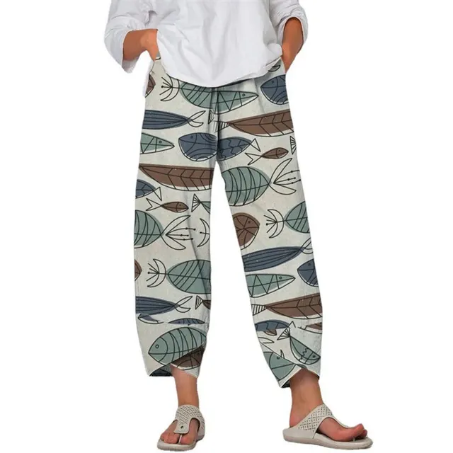 High Waist Gray Trousers Printed Stitching Loose Cropped Pants Fish School - Shop at LoveMi