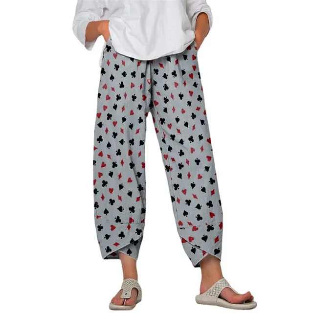 High Waist Gray Trousers Printed Stitching Loose Cropped Pants Gray Small Size Poker - Shop at LoveMi