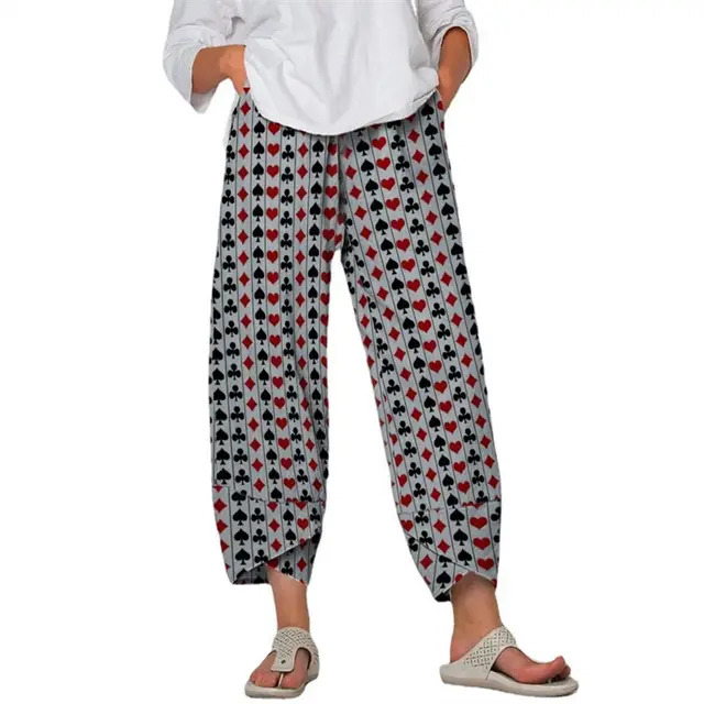 High Waist Gray Trousers Printed Stitching Loose Cropped Pants Poker Lines - Shop at LoveMi