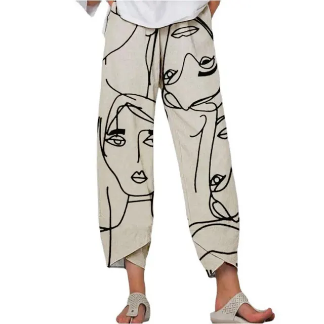 High Waist Gray Trousers Printed Stitching Loose Cropped Pants Sketch Face Apricot - Shop at LoveMi