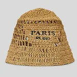 Hollow Grass Hand-made Embroidered Handwriting Beach Sun Pastoral Style Bucket Hat - Brown