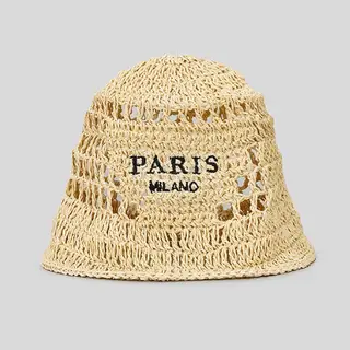 Hollow Grass Hand-made Embroidered Handwriting Beach Sun Pastoral Style Bucket Hat - Khaki